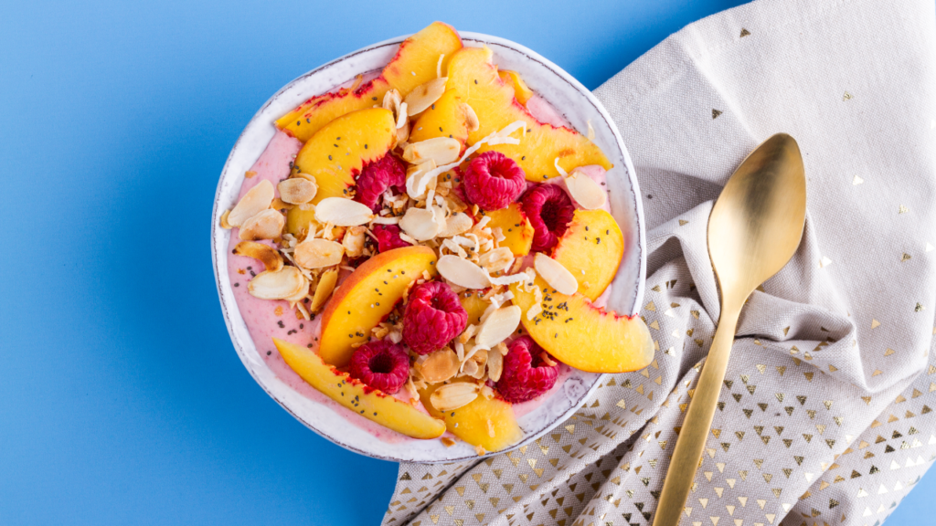 Raspberry Peach Mango Tropical Smoothie Bowl