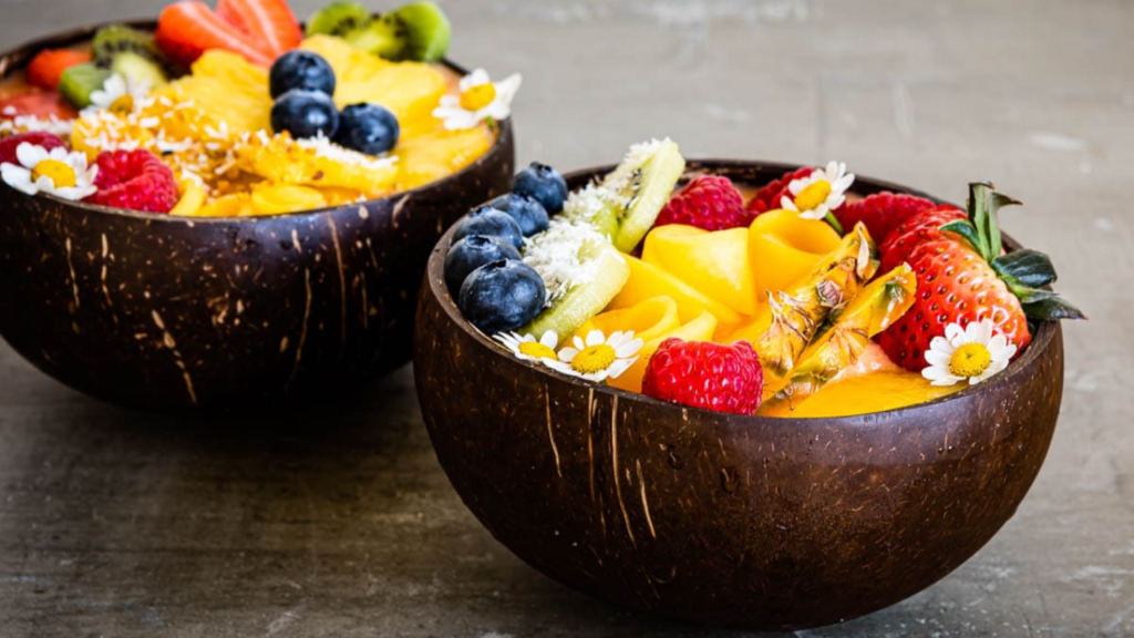 Raspberry Peach Mango Tropical Smoothie Bowl