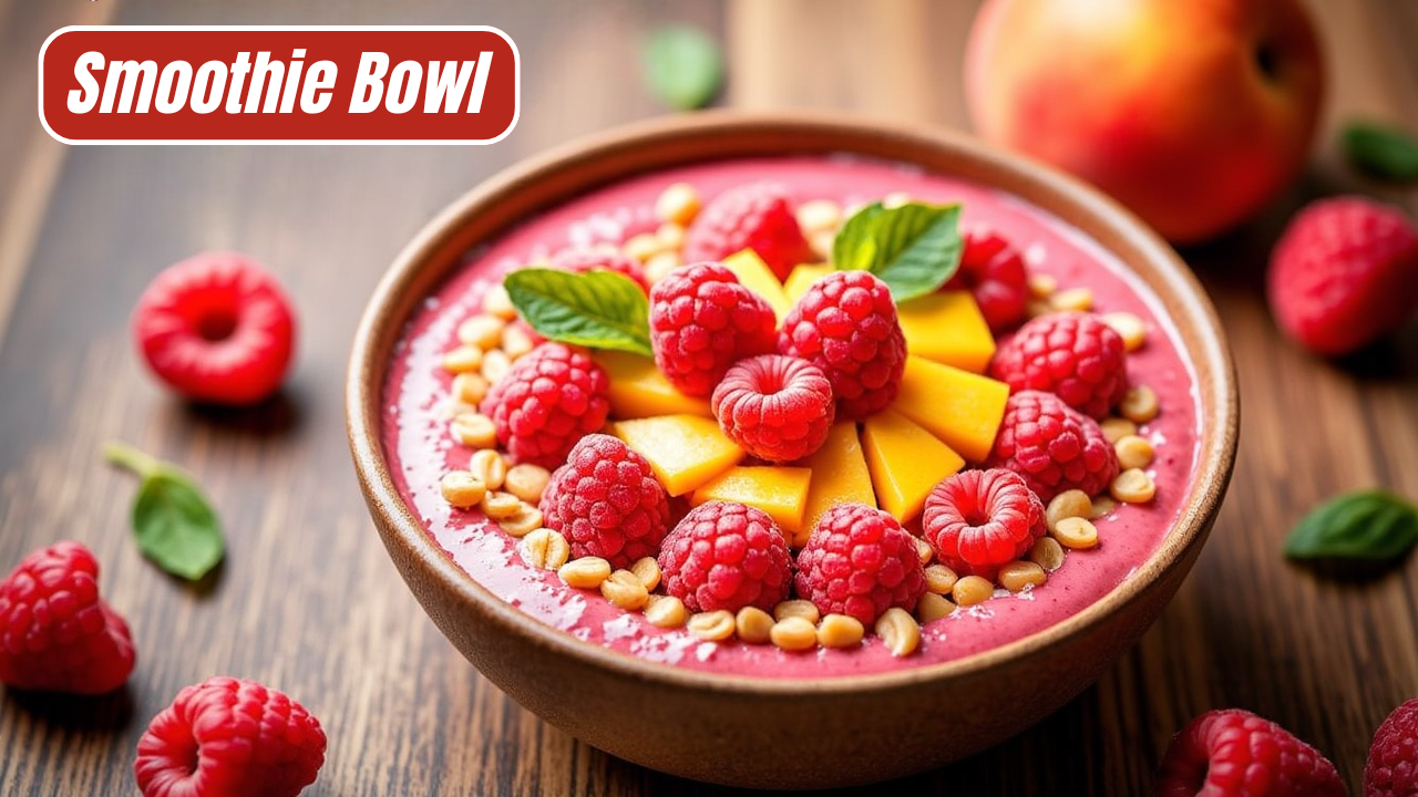 Raspberry Peach Mango Tropical Smoothie Bowl